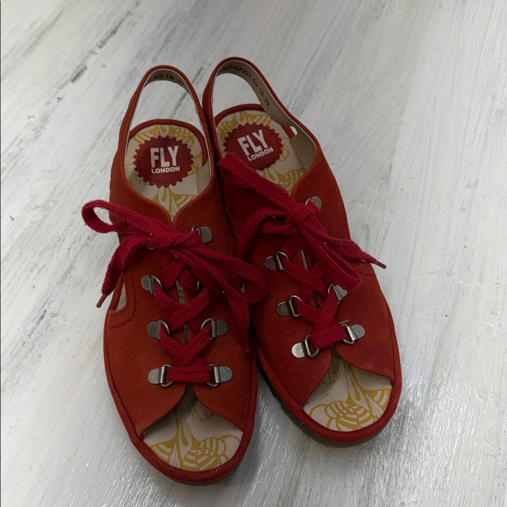 FLY London Ylfa Scarlet Red Leather Lace-Up Wedge Sandals Sz 39 - Picture 5 of 16